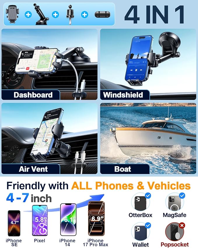 YRU True Military-Grade [360° Rotation Suction] 2026 Ultimate Car Phone Holder Mount 【90+LBS Safest Strongest & Patent Certs】 Dash Windshield Vent for iPhone 17 16 Pro Max Speaker Stands, Gloss Black