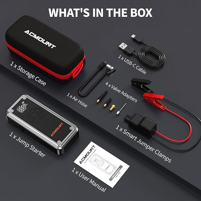 Acmount W160 Jump Starter with Air Compressor, 5000A Portable Car Jump Starter 150PSI Tire Inflator/Air Pump, 12V Battery(Up to 9L Gas/8L Diesel Engine) Jump Pack, Car Emergency Kit, Idea Gift for Man