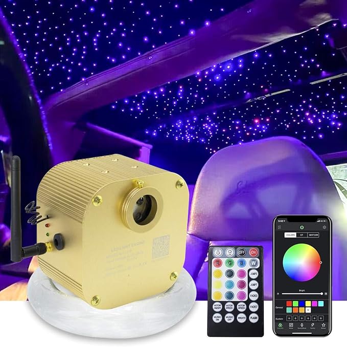 AMKI 16W Bluetooth Twinkle Fiber Optic Star Ceiling Lights Lamp Kit, LED RGBW Engine Driver APP/Remote Control, Mix 335 Strands (0.75mm+1mm+1.5mm) 9.8ft/3m Long + Crystal