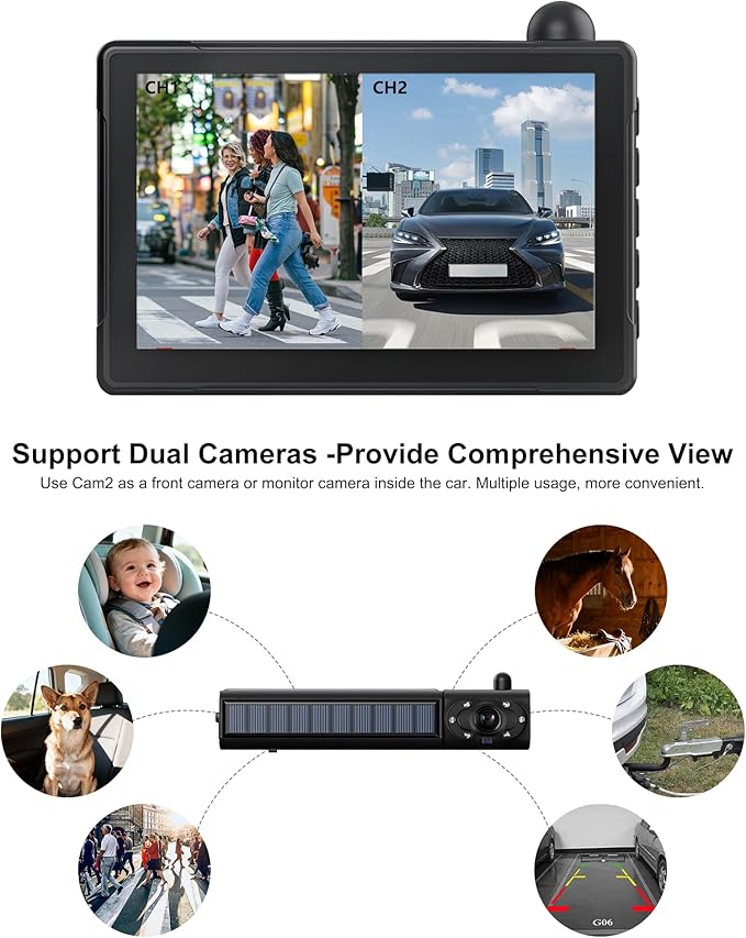 Solar Wireless Backup Camera 5'' HD Split-Screen Monitor Reversing Camera Stable Signal Dual Channel Back Up Kit Easy Installation Night Vision Waterproof Reverse Camera for Car RV Van SUV