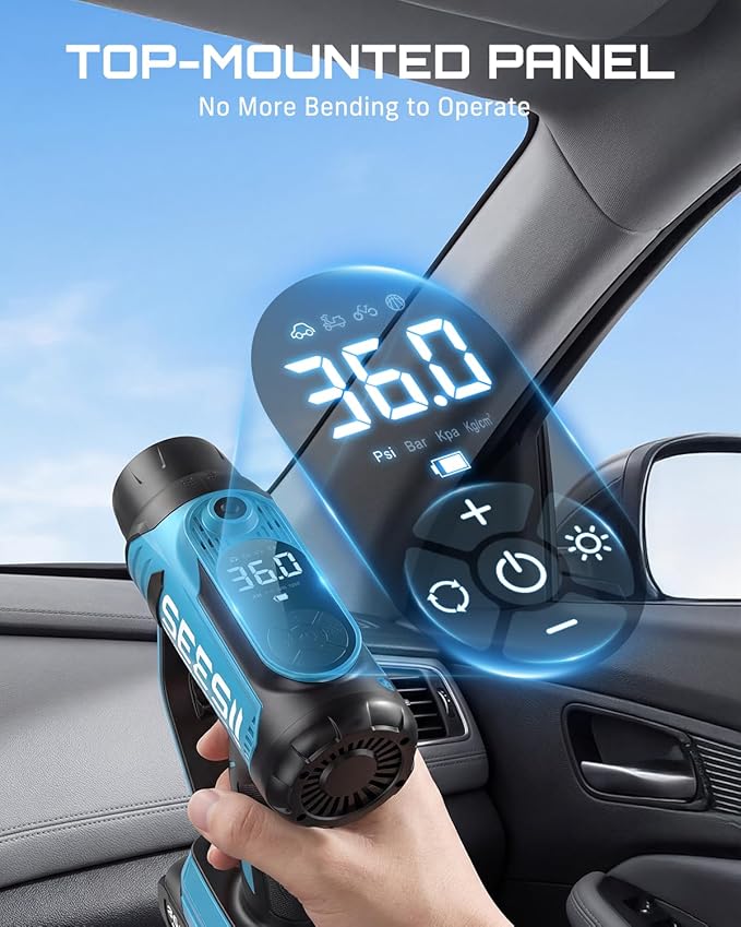 SEESII 2-IN-1 Tire Inflator & Car Vacuum with 2×2000mAh Batteries, 150PSI Rapid Portable Air Compressor, 20000Pa Suction, 21V Cordless Air Pump, Digital Gauge, LED Light for Car, Ball, Bike, Home
