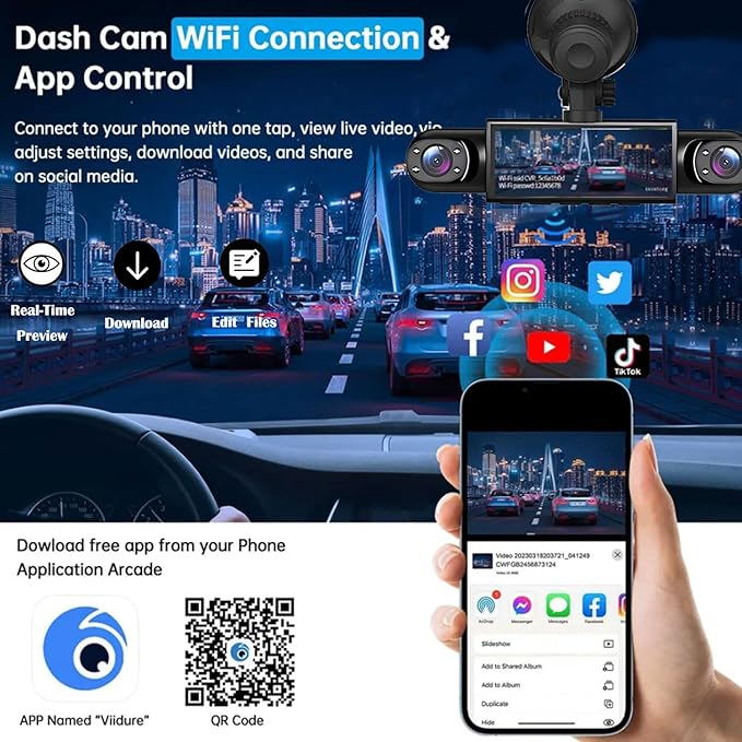 4 Channel Dash Cam 360° View, 1080P Front and Rear Inside, Left Right Dash Camera for Cars, Night Vision, WiFi & APP Control, G-Sensor, Loop Recording with 64GB SD Card (Y108WiFi+64G)