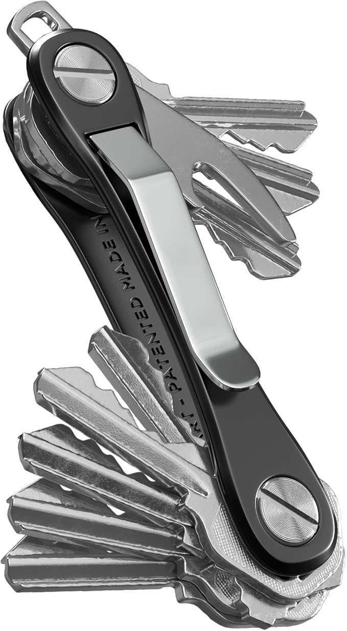 KeySmart Rugged - Multitool Key Holder for Keychain w/Bottle Opener and Pocket Clip, Organizer for Keys, EDC Keychains, Ring for Car Fobs Key Chains, Expandable (Up to 14 Keys, Black)