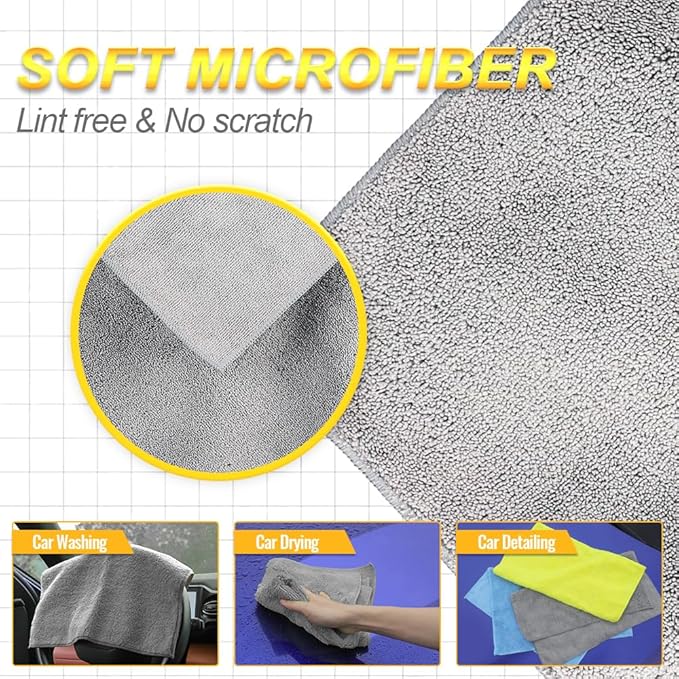 Car Wash Drying Towels, 450gsm Ultra-Thick Absorbent Lint-Free Extra Soft Microfiber Rags for Car Detailing, Interior & Exterior Cleaning Cloths, 16in x 16in - Microfiber, Grey, 12 Packs