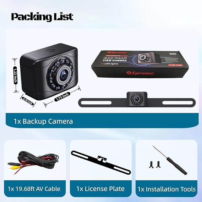 X1 Ntsc Backup Camera for Car License Plate Reverse Cam, IP69 Waterproof Rearview Camara de Reversa de Auto Clear Night Vision, 149 Degree Wide View Angle - NTSC 12V