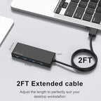 USB Hub, Multiport USB Splitter Adapter, 2 ft Long Cable USB 3.0 Hub, USB Extender for Laptop, PC, iMac, Surface Pro, MacBook, Mac Pro, Flash Drive, XPS, Mouse, HDD, Black, HJ-Black-0.5M-001