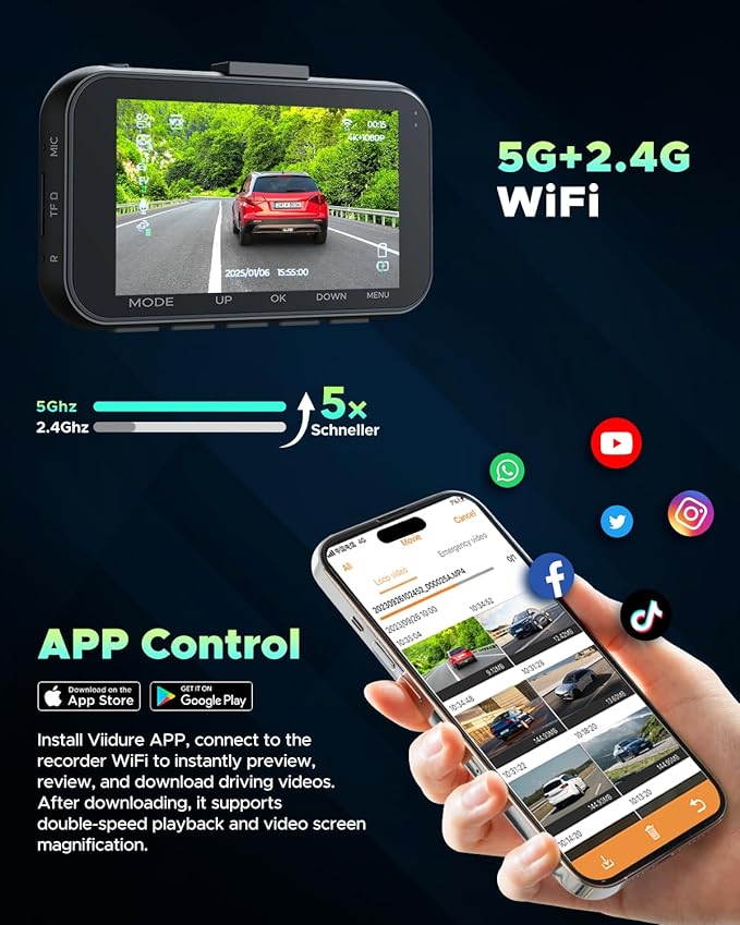 4K Dash Cam Front and Rear, Free 64GB Card Included, Full HD 3.0” IPS Screen Dash Camera for Cars with 5G Wi-Fi & App Control, Night Vision,WDR, G-Sensor, Loop Recording, Parking Mode for Drivers