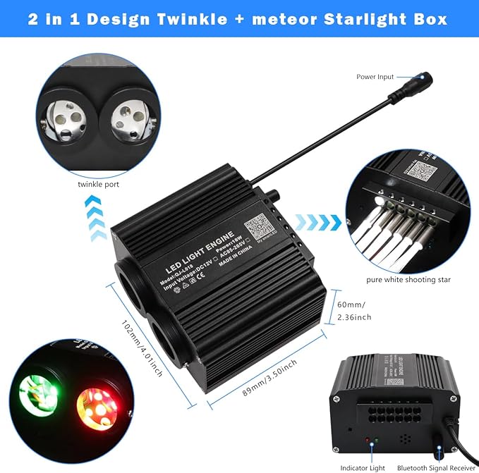 AMKI Dual Color 18W Twinkle&Meteor Starlight Headliner Kit 800pcs 0.03in 13.1ft+240pcs Pure White Shooting Star,Updated 2 in 1 Starlight Box RGBW Sound Activated Mode for Car Home Decor