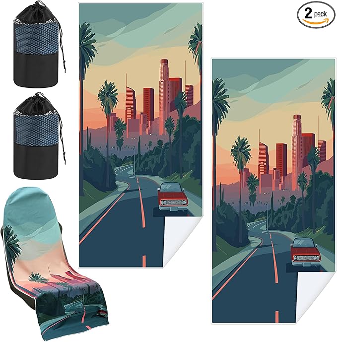 Hahafelt 2 Pack Car Seat Towel Covers with Storage Bag, 63 x 32 Inch Universal Non Slip Waterproof Sweat Protector for Car Truck, Gym Swimming Running, Machine Washable (Los Angeles Street Scene)