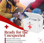 Flexzion First Aid Box Organizer Empty with Lock - 13" White Vintage First Aid Kit Tin Metal Medical Box - First Aid Storage Bin Container with Dividers, Removable Tray and Red Cross Logo
