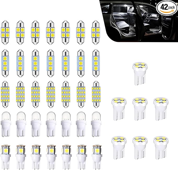 42PCS Interior Car Lights, LED Car Interior Bulb Kit Set, 194 DE3175 T10 31mm 41mm Bulbs, Replacement Lights for Dome, Map, License Plate, Door, Side Marker, Trunk Light