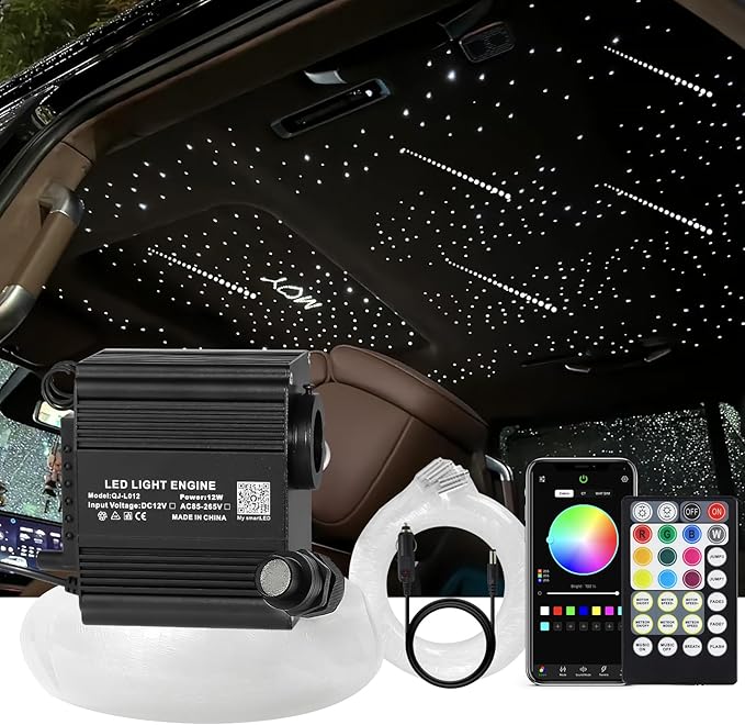 Starlight Headliner Kits for Car, Twinkle & Meteor 2-in-1 Light Engine, 300pcs 0.03in 9.8ft RGBW Fiber Optic Lights Star Ceiling Sky Decoration for Car/Home, White Shooting Stars 12W Starlight kit