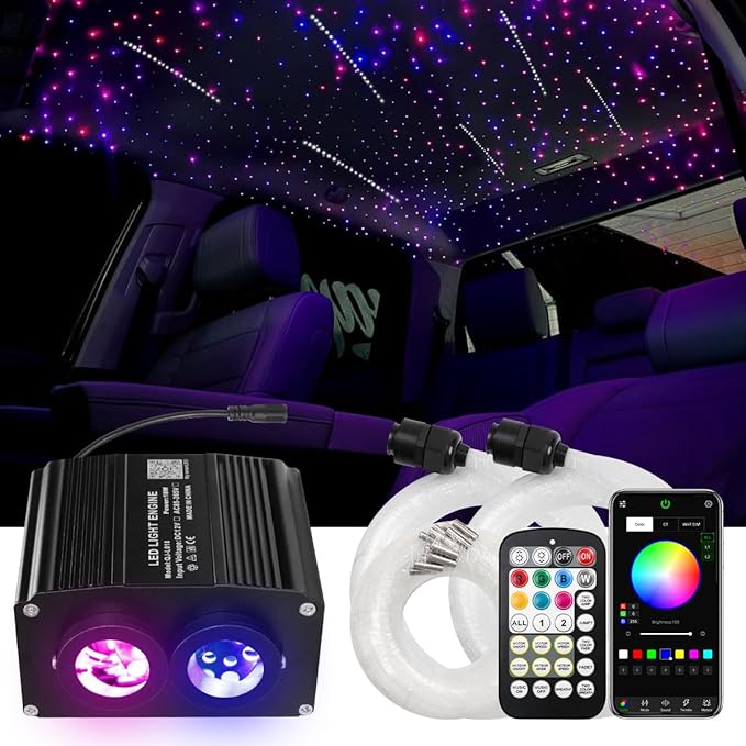 AMKI Dual Color 18W Twinkle&Meteor Starlight Headliner Kit 800pcs 0.03in 13.1ft+240pcs Pure White Shooting Star,Updated 2 in 1 Starlight Box RGBW Sound Activated Mode for Car Home Decor