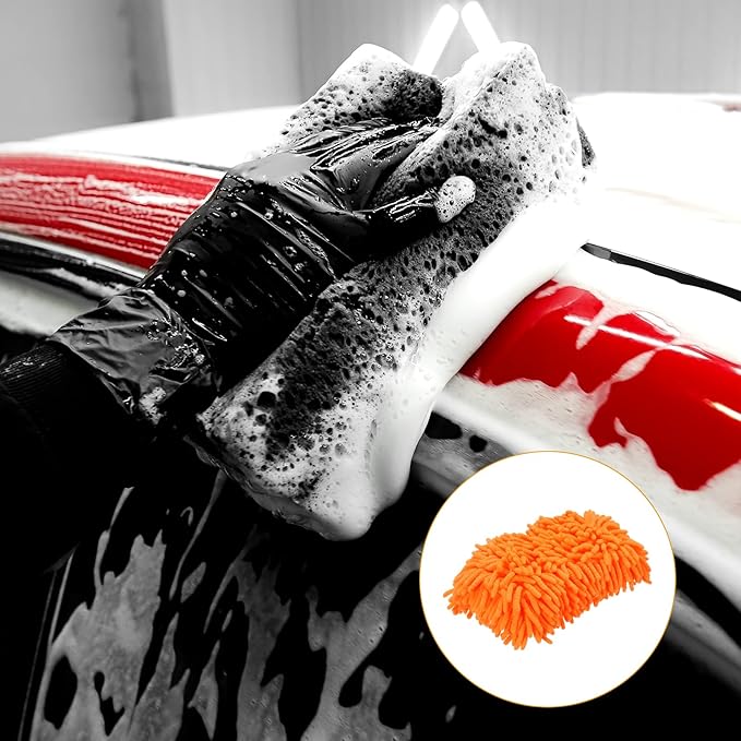 HARFINGTON Car Wash Sponge 9.1" x 4.7" Chenille Microfiber Mitt Scratch-Free Absorbent Scour Scrubber Cleaning Sponge for Washing Detailing on Cars, Trucks, SUV, Boats, RVs, Orange
