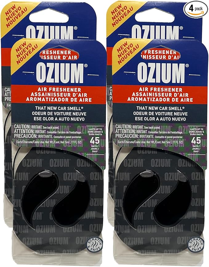 Ozium Paper Membrane Hanging Car Air Freshener - Automotive Air Fresheners and Odor Eliminator for Car (New Car, 4 Packs)