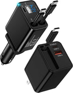 Retractable Car Charger USB-C for Samsung Galaxy S26 Ultra S26+ S25 S24 Apple iPhone 17e 17 Pro Max 16 Air, 47W Fast Car Charger Adapter + 35W Foldable Wall Plug - USB C Charging with Built-in Cables