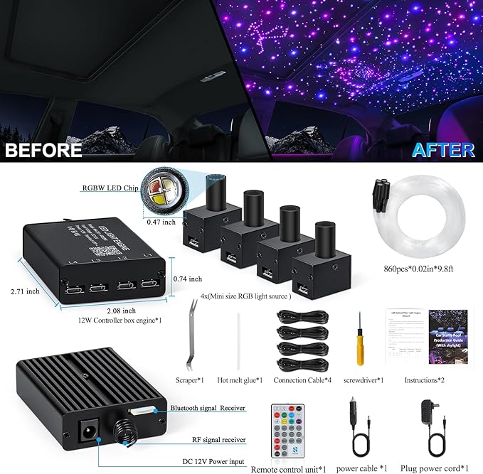Split 4 Colors 12W Car Starlight Headliner Slim Kit 860pcs*0.02in*9.8ft with APP&RF Remote,RGBW Fiber Optic Starlight Kit,4 Port Engine Sound Activated Star Lights for Ceiling Car Roof/Home Decor