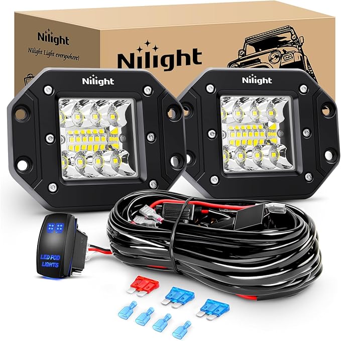 Nilight 2PCS 42W LED Flush Mount Light Pods Upgraded Spot Flood Combo Beam 12V 5Pin Rocker Switch Wiring Harness Kit-2 Leads, 2 Years Warranty (ZH044)
