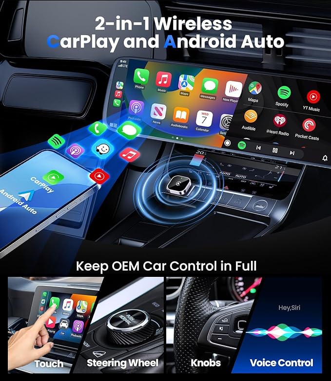 Teeran 2 in 1 Wireless CarPlay and Android Auto Adapter, Easy Setup Plug and Play, Fast Seamless Use Supports 1000+ Cars with Built-in Wired Car Play/Android Auto Compact Sleek Design Car Adapter