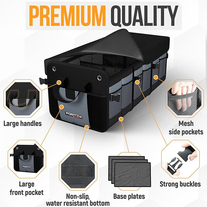 FORTEM Trunk Organizer For SUV Car Organizer and Storage, Multi-Compartment Storage Bag Car Accessories for Women Men, Perfect Christmas Gifts, 1680D Oxford, Non Slip Bottom, Straps, Soft Cover (90L)