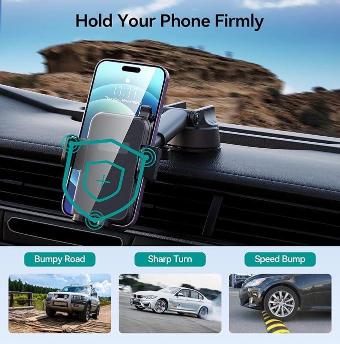 DOLYOFG Car Phone Holder Mount, [Military-Grade Suction & Super Sturdy Base] 3 in 1 Universal Phone Mount for Car Dashboard Windshield Air Vent Dash Pad Car Mount for iPhone Android Smartphone
