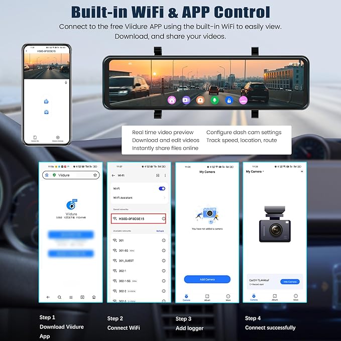 10.88 Inch Mirror Dash Cam,4K Touchscreen Rear View Mirror Front and Rear View Dual Cameras,Night Vision,G-Sensor,APP Control,Motion Detection,Loop Recording,Parking Assistance,Parking Monitor