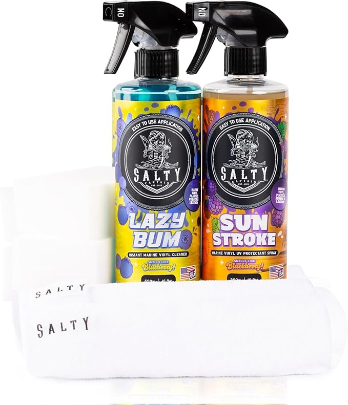 Salty Captain Sweet Seats Kit - Boat Upholstery Cleaner and Protectant Kit with Boat Seat Cleaner Spray & UV Marine Vinyl Protectant | RV, Car & Auto Vinyl Care | Boat Cleaning Supplies & Accessories