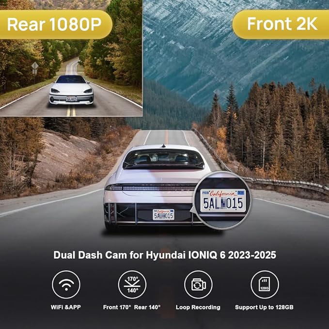 Fitcamx 2K Dual Dash Cam Adapts for Hyundai IONIQ 6 2023 2024 2025 Limited SEL (Has Auto-Dimming), OEM Style, Front 1440P+Rear 1080P Video, WiFi & APP, Loop Recording, G-Sensor, Easy to Set, 64GB Card