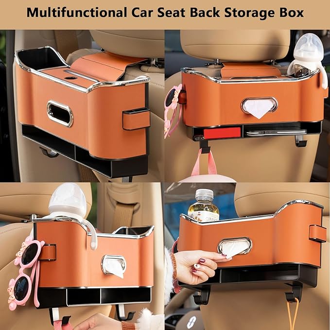 Multifunctional Car Seat Back Storage Box, Multifunctional Car Logo Seat Back Storage Box, Universal back seat car organizer, Car Tissue Organizer Back Seat with 2 Drink Cup Holder (Brown)