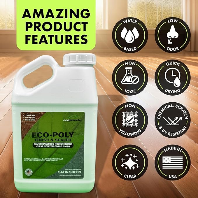 Eco-Poly Polyurethane Sealer — Non-Toxic, Low Odor, Quick-Dry Water Based Protective Spar Varnish for Indoor & Outdoor, Satin 1 Gallon Polyurethane Sealant for Wood, Concrete, Multiple Surfaces