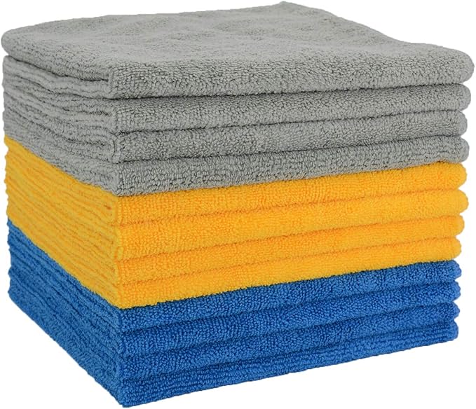 CARCAREZ Premium Microfiber Detailing Towels, 340 GSM Lint Free Car Buffing Waxing Polishing Drying Towels (12, Multicolor, 16x16 Inch)