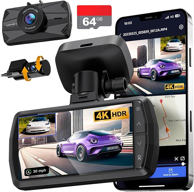 4K Dash Cam Front and Rear, Built-in WiFi GPS, 3" IPS Screen, HDR Night Vision Dash Camera for Cars, G-Sensor App Control, Emergency Lock, Accident Record, Parking Mode, Support 512GB Max