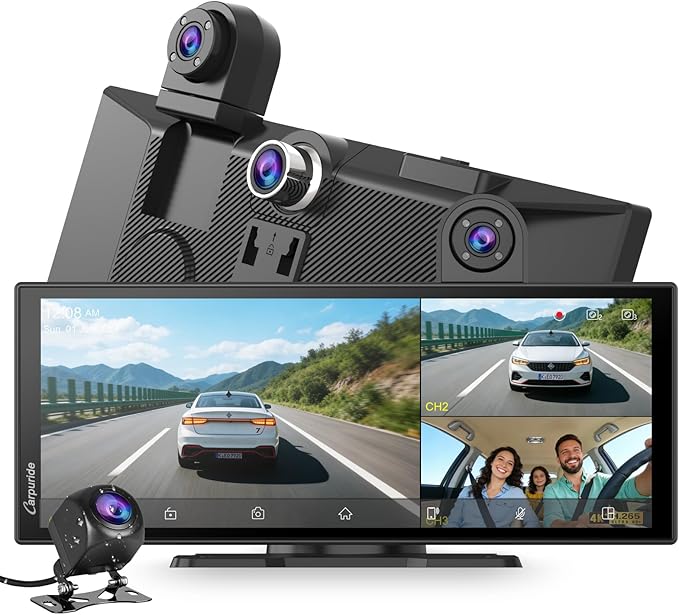 CARPURIDE W125S 11.26 Inch HD Wireless Carplay & Android Auto Screen, 4K +1080P+1080P Dash Camera for Cars with 64GB Card, with Loop Recording, Bluetooth, Voice Control, GPS, FM, Super Link