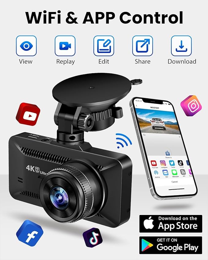 Dash Cam Front and Rear 4K/1080P, Dash Camera for Cars Build in WiFi, Full HD Dash Cam with APP Control, 3.94'' IPS Screen Dash Camera with 32GB SD Card, G-Sensor, Loop Recording (Dark Grey)