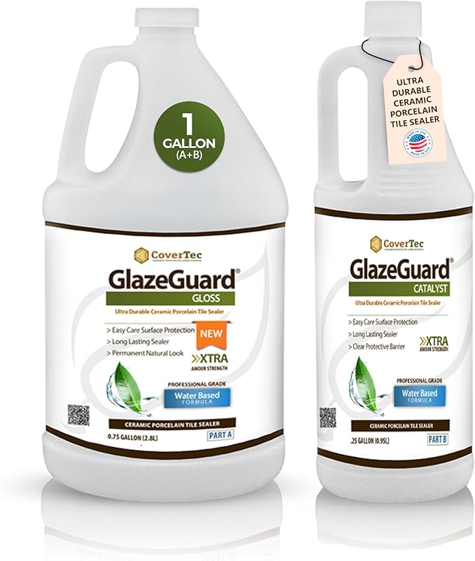 CoverTec GlazeGuard High Gloss Tile & Grout Sealer Kit, Wet Look Shower, Floor & Wall Sealer for Ceramic & Porcelain Tile, Natural Stone, 2-Part A+B, Makes 1 Gallon