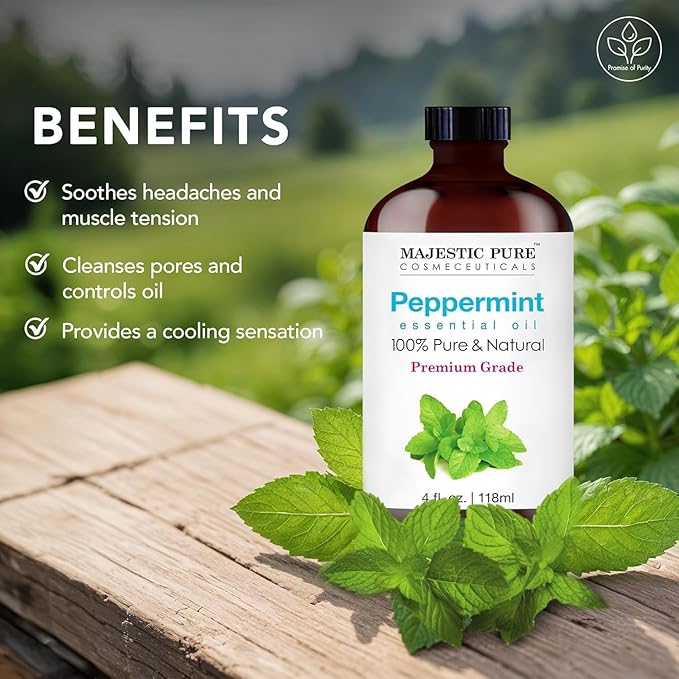 Majestic Pure Essential Oil with Glass Dropper - 100% Pure and Natural - Essential Oils for Diffuser, Aromatherapy, Soap and Candle Making, Peppermint Essential Oil, Peppermint Oil, 4 Fl Oz