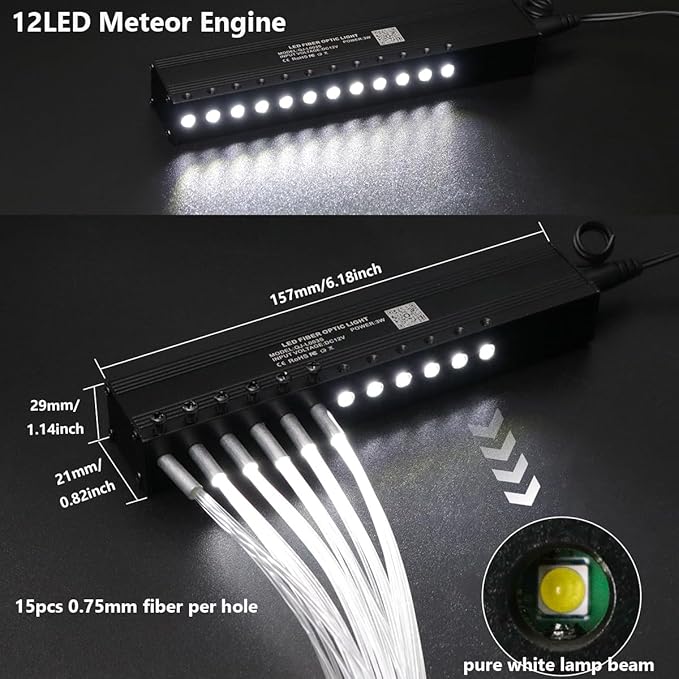 AZIMOM Mini 6W Twinkle 600pcs0.03in 13.1ft Fiber Optic Starlight Headliner+180pcs Pure White Meteor Shooting Star for Car Home, End Glow Fiber Strands Sound-Activated APP& Remote Control