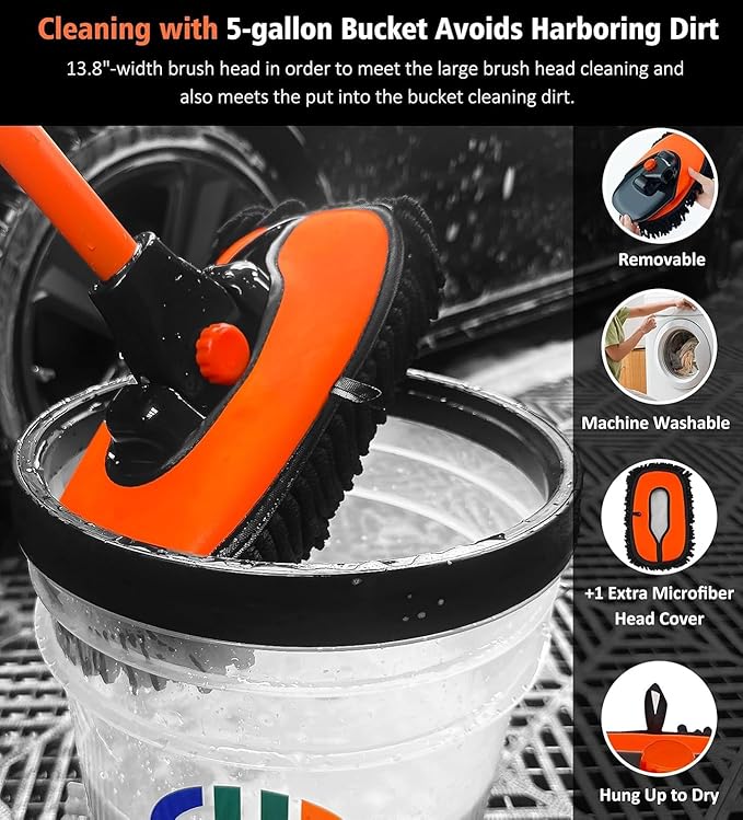 43'' Car Wash Brush with Long Handle Chenille Microfiber Car Wash Kit Mitt Retractable Bent Pole Car Wash Mop for Cars RV Truck Boat (Orange-1)