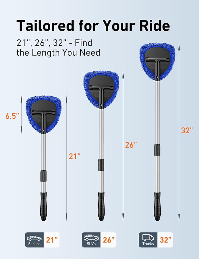 AstroAI 26" Windshield Cleaner Tool, Car Interior Window Detailing Cleaning Kit with Extendable Handle and 4 Easy-to-Install Reusable Microfiber Pads, Auto Glass Wiper Brush Kit for Car&Home, Blue