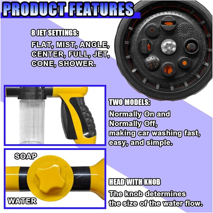 High Pressure Car Wash Foam Gun, 8 Way Spray Pattern Garden Hose Nozzle with 3.5oz/100cc Soap Dispenser, Adjustable Hose Spray Nozzle for Car Washing, Pet Shower, House Cleaning (Yellow)