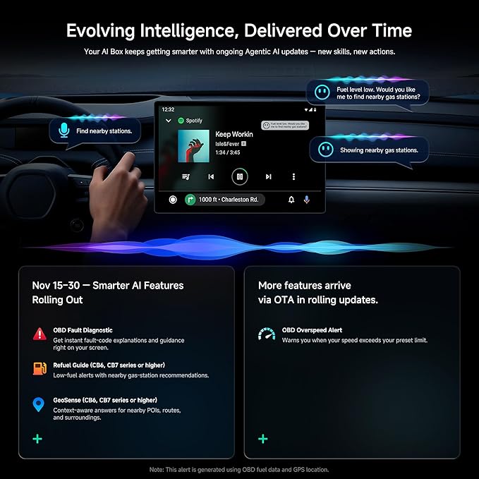 ATOTOZONE CB6 CarPlay AI Box & Android AI Box, Wireless CarPlay/Android Auto Adapter, Plug & Play CarWave Car Smart Box with AI DriveChat, GPS Track, Android 13, 2 BT, 4G LTE, 4G+64G, Black