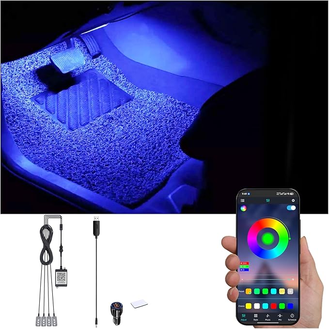 RGB Car Footwell Ambient Lighting Kit Car Charger + USB 16.7 Millions Colors Sound Active Music Sync APP Control Car Interior Multicolored Footwell Atmosphere Light DC 12V
