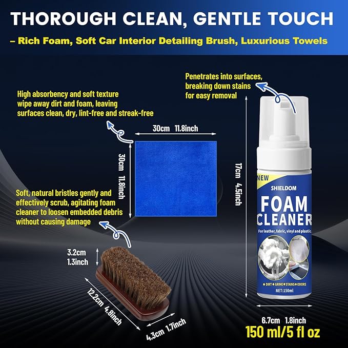 SHIELDOM Car Interior Cleaner Kit Multifunctional Foam Cleaner, Clean Cars Seat Carpet Upholstery with Detailing Brush & Towel Deep Inside Cleaning Remove Stain from Leather/Fabric/Vinyl/Plastic - 5oz