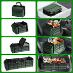 Snuopfy Car Trunk Organizer,115L Heavy Duty Collapsible Trunk Storage, with Insulated Leakproof Cooler Bag Vehicle Cargo Organizer with Lid, 3 Compartments, Straps For Car,Suv,Jeep,Sedan-Green