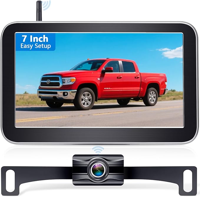 HD 1080P Wireless Backup Camera for Trucks - 7 Inch Monitor with Backup Camera for Pickups Trucks, Cars, SUVs - Color Night Vision, 2 Channels, Easy Install for Towing & Parking