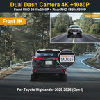 Fitcamx Front 4K+Rear 1080P Dash Cam Adapts for Toyota Highlander 2020-2026 & Hybrid (Gen4/UX70), Integrated OEM Look, Dual HD Video, WiFi & APP, Loop Recording, G-Sensor, Easy to Use, 128GB Card