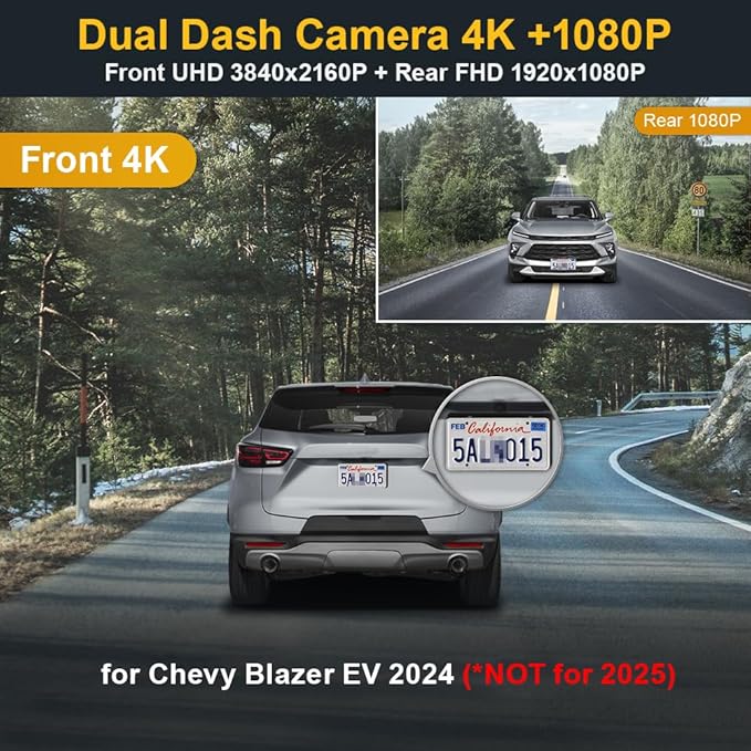 Fitcamx Front 4K+Rear 1080P Dash Cam for 2024 Chevy Blazer EV LT RS (HD2-D1300) with Auto-Dimming, OEM Look, 2 Way HD Video, Built-in WiFi & APP, Loop Recording, G-Sensor, Easy to Set, 128GB Card