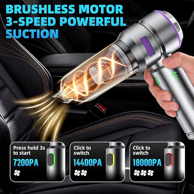 Handheld Car Vacuum Cleaner and Air Duster,18000pa Suction,120W High Power Mini Vacuum 4-in-1 Compressed Air Duster & Air Blower & Pump Hand Held Vacuum with Brushless Motor for Car,Home,Pet