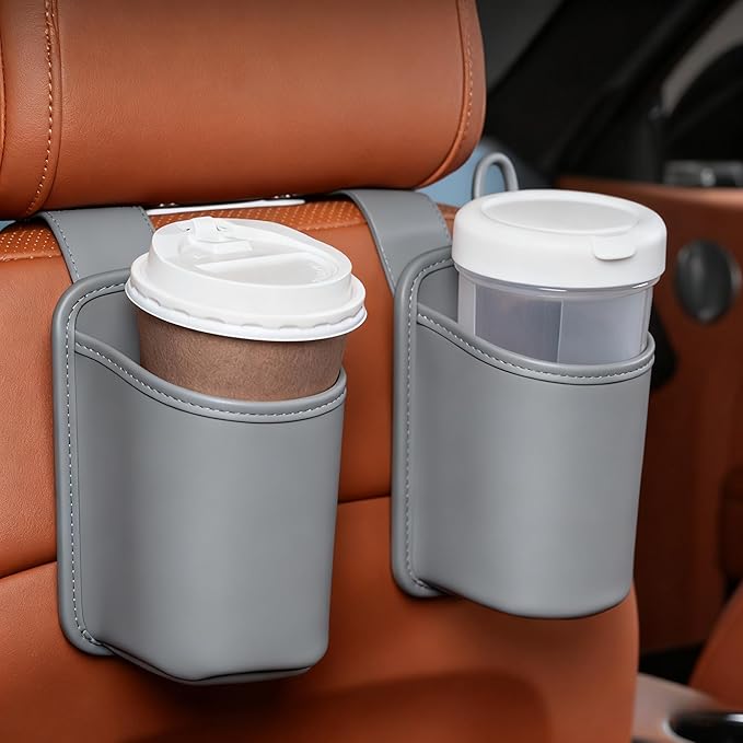 2-Pack Cup Holders for Car Seat Back Premium Nappa Leather Organizer with Drink Holders Easy Install for Families & Road Trips (Grey)