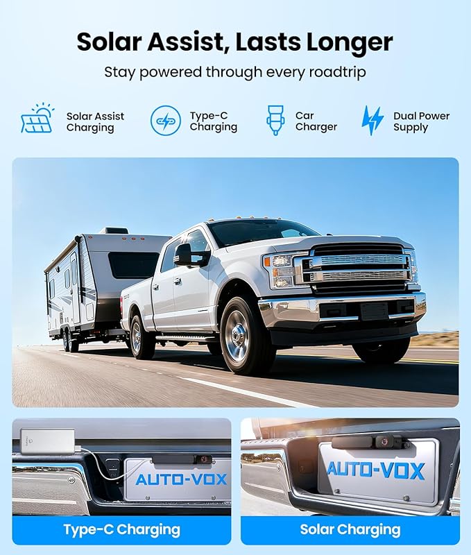 AUTO-VOX 2 Solar Wireless Backup Camera: Dual Cameras for Wider Coverage,DVR Recording 7.2" HD Split-Screen Monitor,Dual Antenna Signal,IP69K Waterproof Back Up Camera for Truck,RV,Camper,Trailer,Car